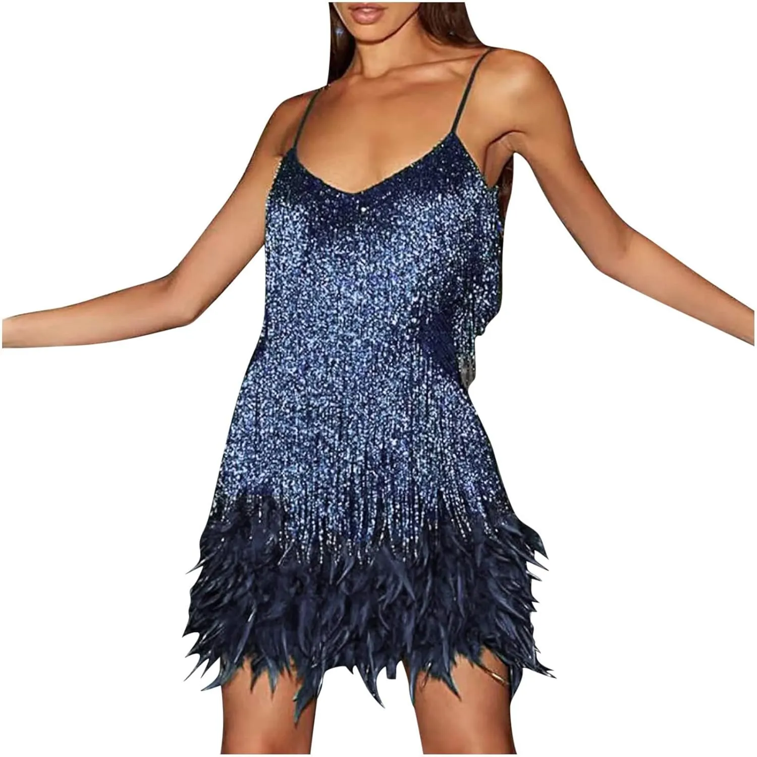 Women's Vintage 1920s Sequin Fringed Flapper Dress 20s Feather Evening Prom Party Mini Dress Homecoming Concert Dress