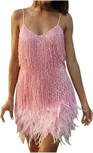 Women's Vintage 1920s Sequin Fringed Flapper Dress 20s Feather Evening Prom Party Mini Dress Homecoming Concert Dress