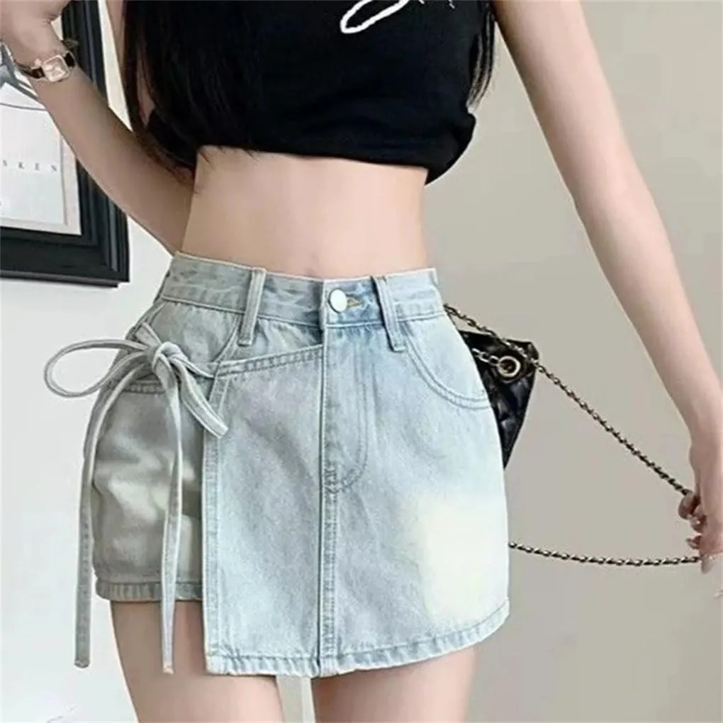Women's Vintage Bow Knot A Line Denim Mini Skirts Asymmetrical Split High Waist Denim Skirts