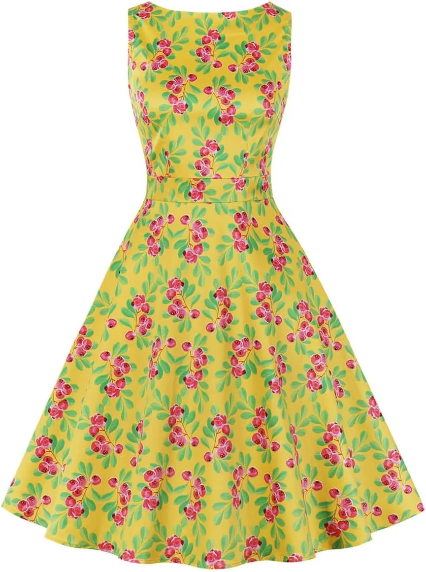 Women's Vintage Floral Flared A-Line Swing Casual Party Dresses 1950s Retro Sleeveless Homecoming Dresses