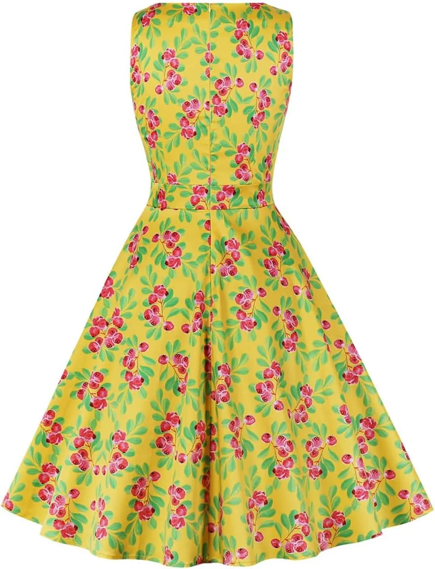 Women's Vintage Floral Flared A-Line Swing Casual Party Dresses 1950s Retro Sleeveless Homecoming Dresses