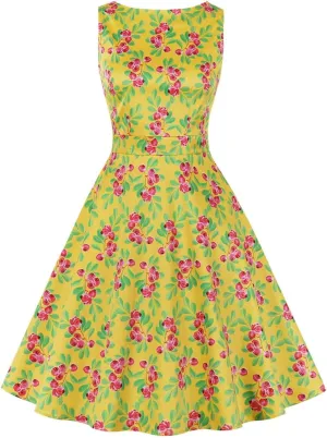 Women's Vintage Floral Flared A-Line Swing Casual Party Dresses 1950s Retro Sleeveless Homecoming Dresses