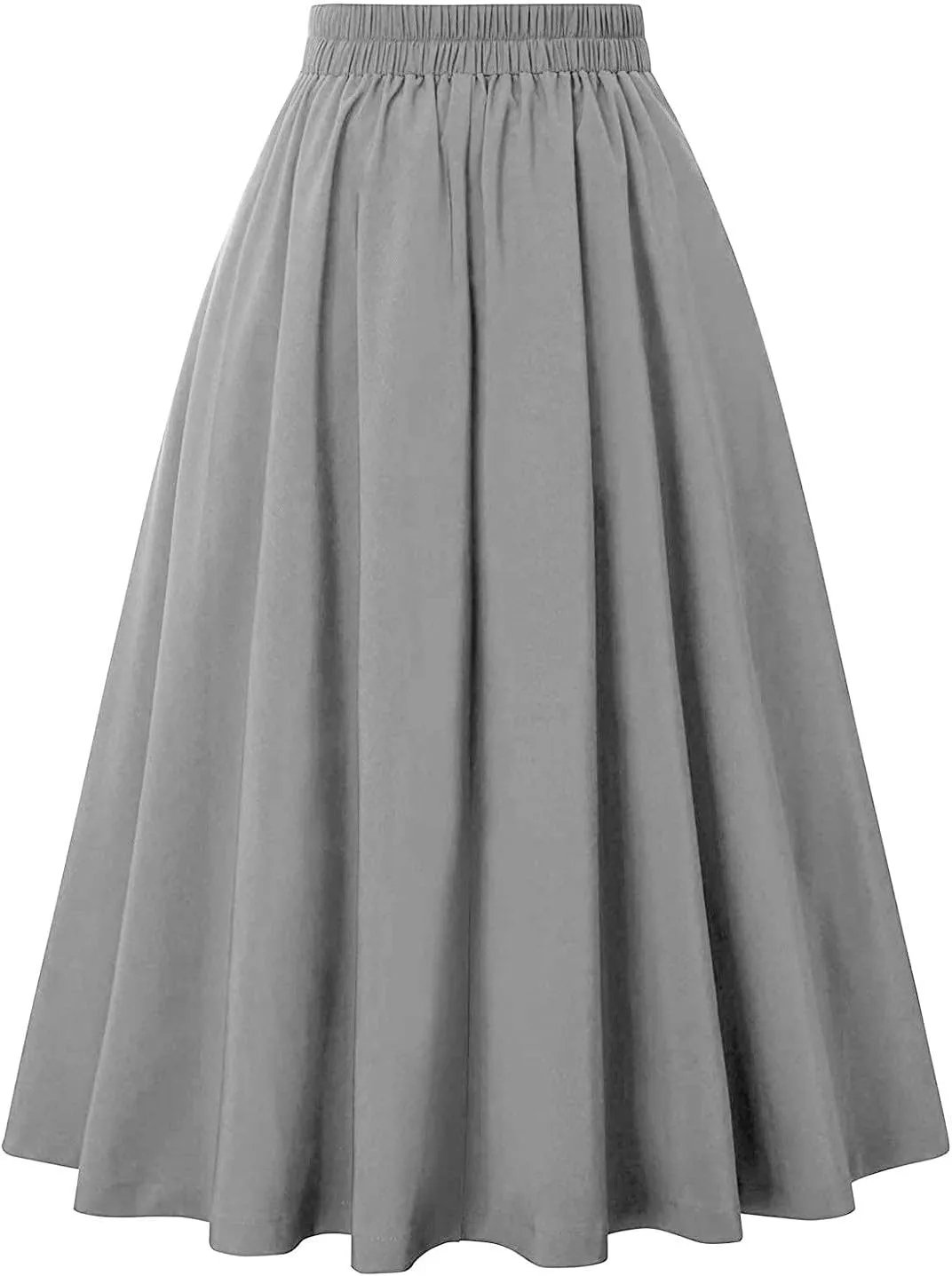 Women's Vintage High Waisted Skirts Casual Button Deco Midi A-Line Skirt Elastic Waist Flowy Skirts with Pockets