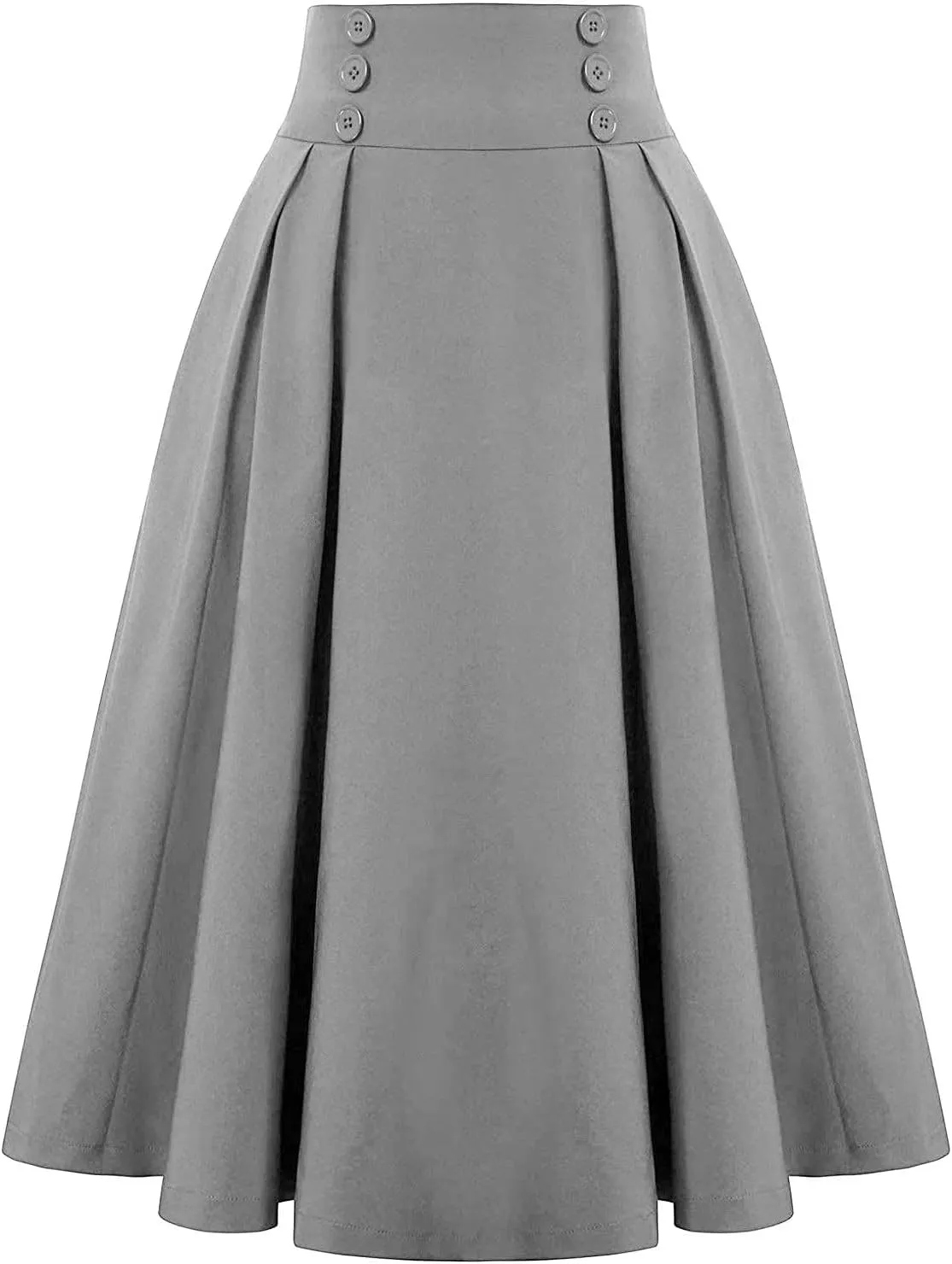 Women's Vintage High Waisted Skirts Casual Button Deco Midi A-Line Skirt Elastic Waist Flowy Skirts with Pockets