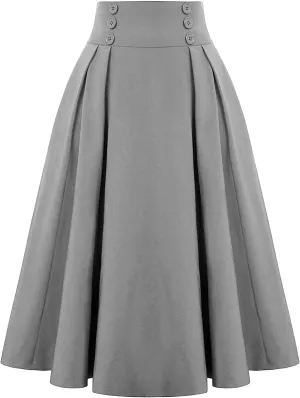 Women's Vintage High Waisted Skirts Casual Button Deco Midi A-Line Skirt Elastic Waist Flowy Skirts with Pockets