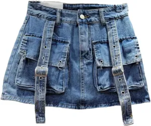Women's Vintage Washed Denim Skirts Anti-Light A Line Mini Skirts with Irregular Hem Street Style Denim Skirts