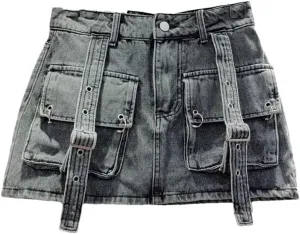 Women's Vintage Washed Denim Skirts Anti-Light A Line Mini Skirts with Irregular Hem Street Style Denim Skirts