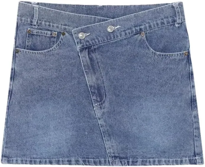 Women's Washed Vintage High Waist Pocket Button Denim Mini Skirts Asymmetrical Hem Summer Denim Skirts