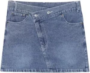 Women's Washed Vintage High Waist Pocket Button Denim Mini Skirts Asymmetrical Hem Summer Denim Skirts