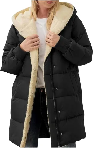 Womens Winter Long Down Coats Teddy Fleece Lined Jacket Plus Size Warm Down Thicken Hooded Windproof Quilted Puffer Jackets