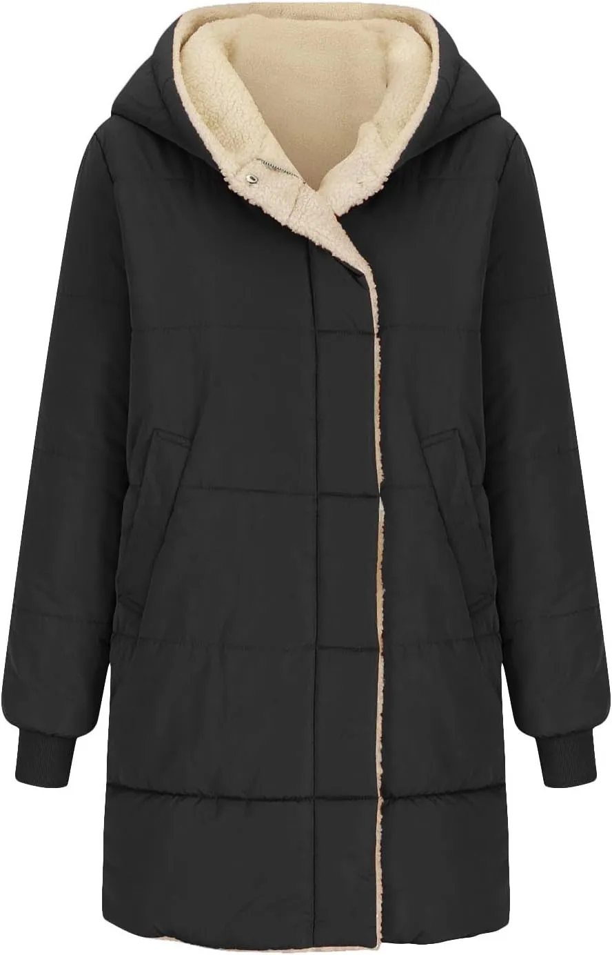 Womens Winter Long Down Coats Teddy Fleece Lined Jacket Plus Size Warm Down Thicken Hooded Windproof Quilted Puffer Jackets