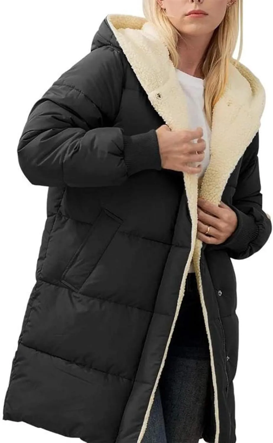 Womens Winter Long Down Coats Teddy Fleece Lined Jacket Plus Size Warm Down Thicken Hooded Windproof Quilted Puffer Jackets