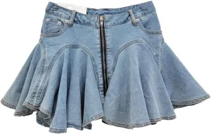 Women's Zipper Splicing Pleated Denim Mini Skirts Summer Ruffled Edge Elastic Fringe Denim Skirts
