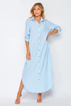 Woven Stripe Print Button-Down Maxi Dress Blue