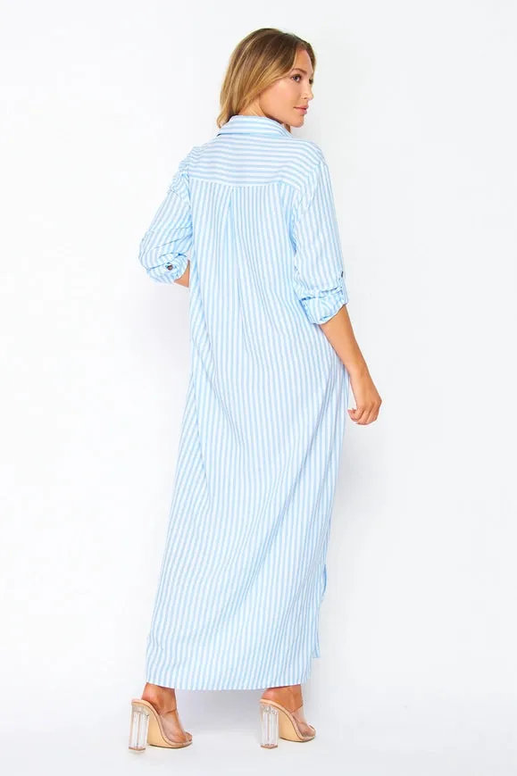 Woven Stripe Print Button-Down Maxi Dress Blue