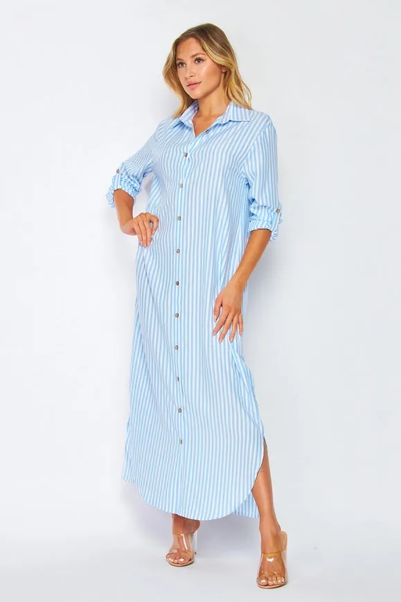 Woven Stripe Print Button-Down Maxi Dress Blue