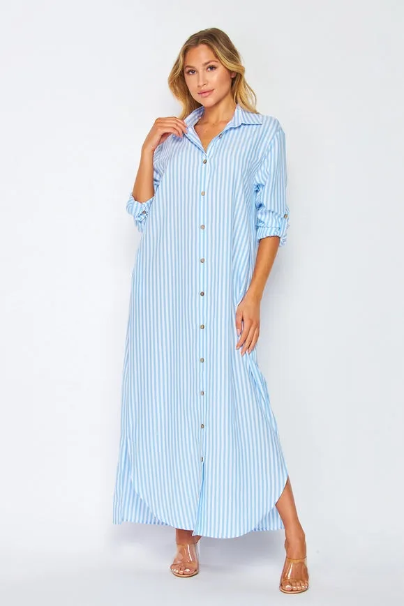 Woven Stripe Print Button-Down Maxi Dress Blue