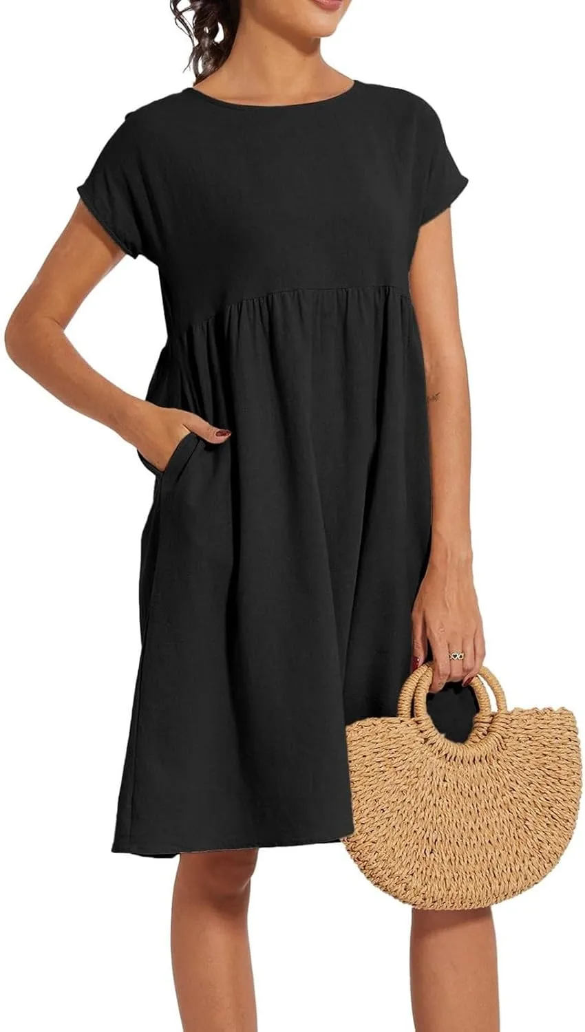 XOWRTE Boho Linen Dress Women V Neck Summer Beach Desses Dressy Casual Vacation Loose Sundresses Plus Size Spring Outfits