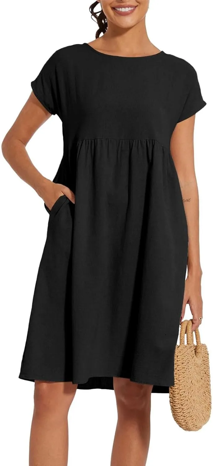 XOWRTE Boho Linen Dress Women V Neck Summer Beach Desses Dressy Casual Vacation Loose Sundresses Plus Size Spring Outfits