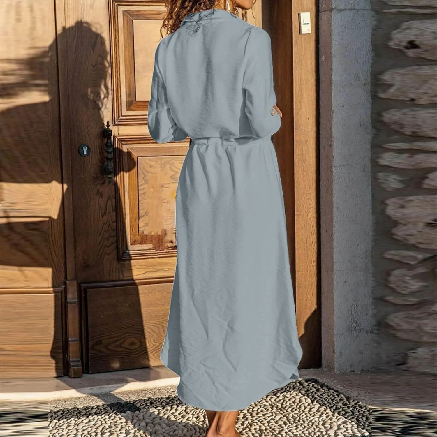 XOWRTE Linen Shirt Dresses for Women Down Drawstring Causal Dress Plain Long Maxi Dresses Trendy Casual Dresses