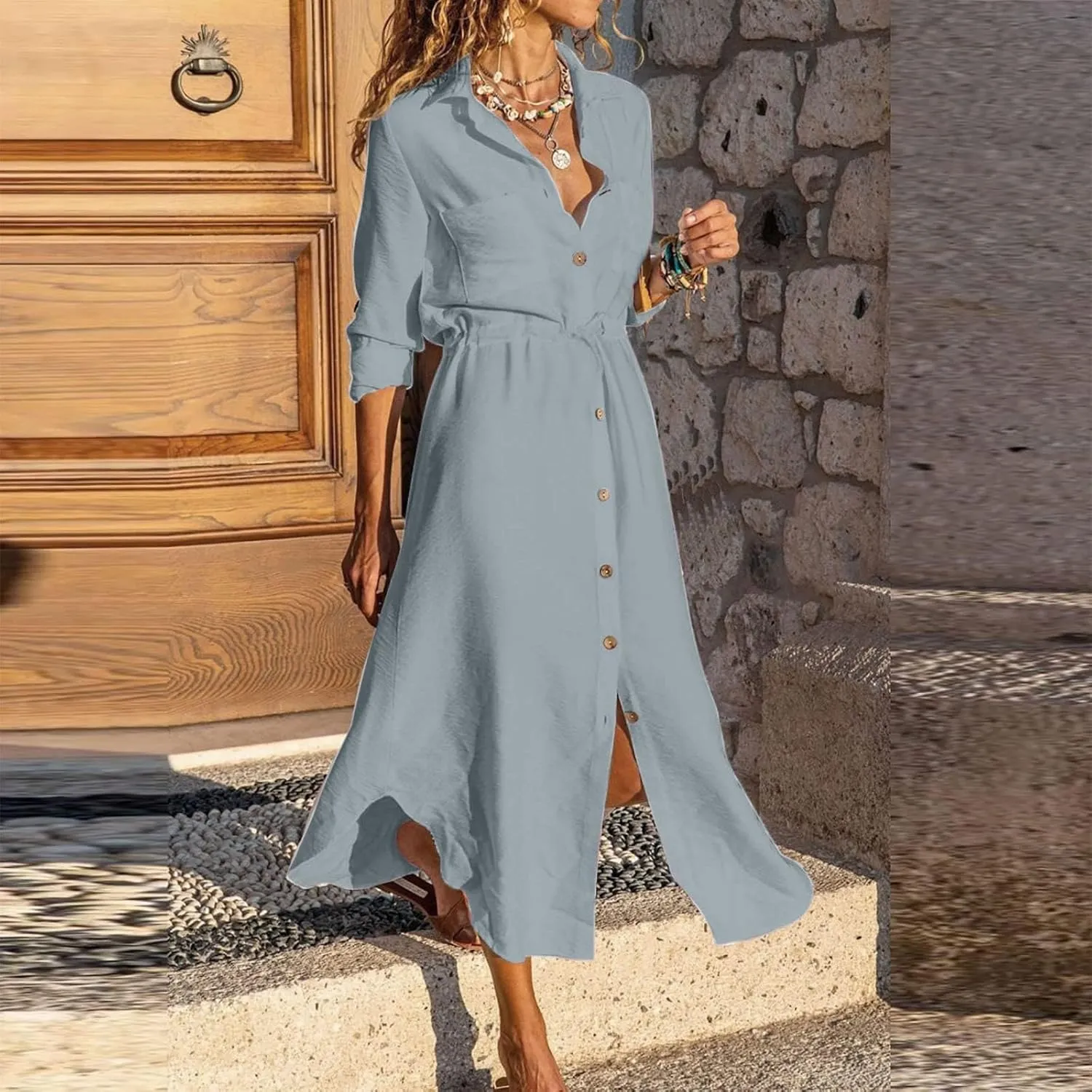 XOWRTE Linen Shirt Dresses for Women Down Drawstring Causal Dress Plain Long Maxi Dresses Trendy Casual Dresses
