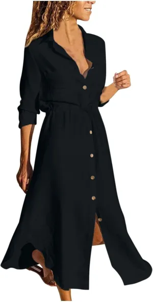 XOWRTE Linen Shirt Dresses for Women Down Drawstring Causal Dress Plain Long Maxi Dresses Trendy Casual Dresses