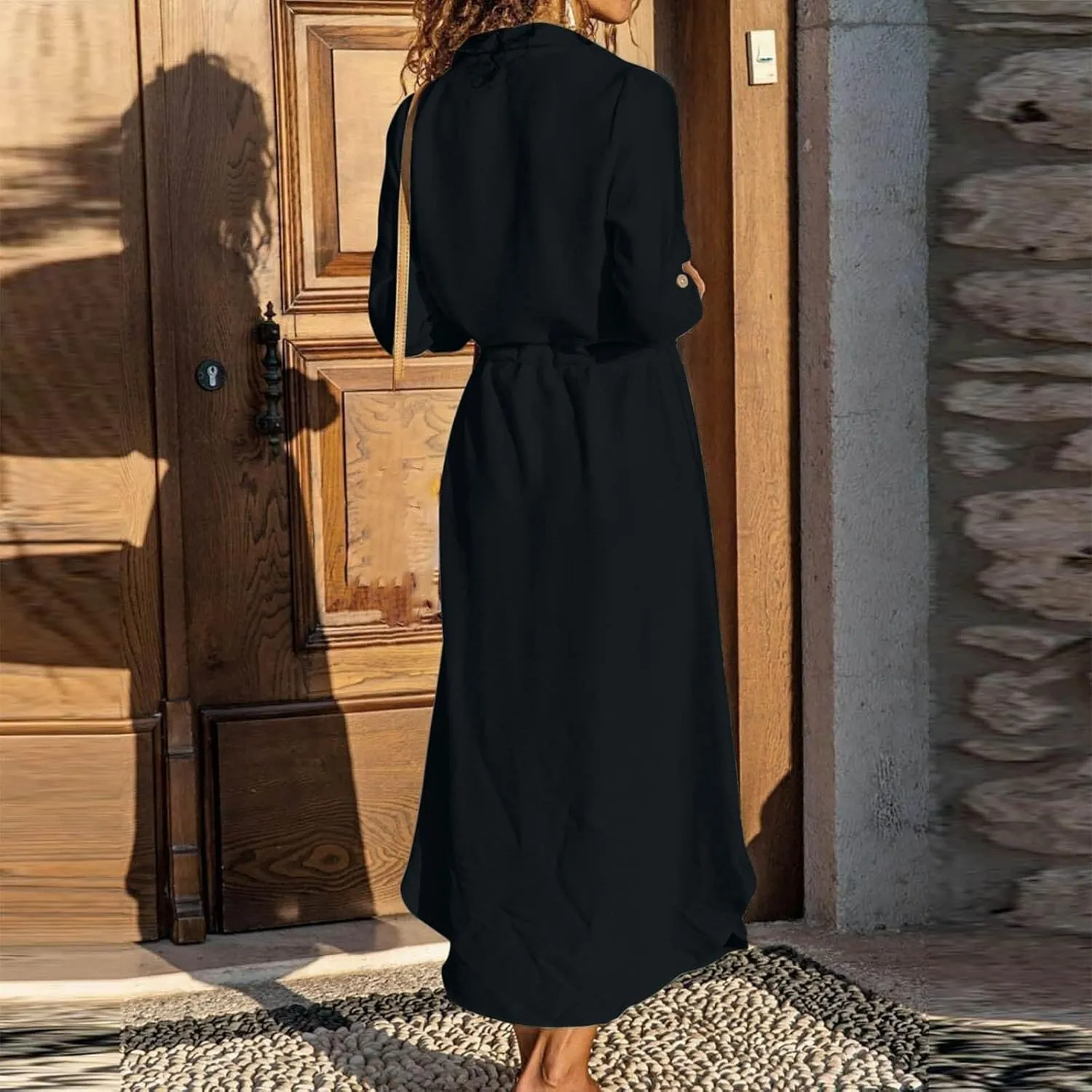 XOWRTE Linen Shirt Dresses for Women Down Drawstring Causal Dress Plain Long Maxi Dresses Trendy Casual Dresses