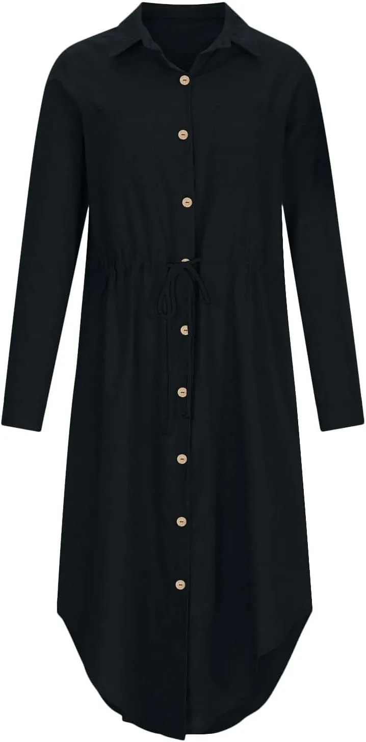 XOWRTE Linen Shirt Dresses for Women Down Drawstring Causal Dress Plain Long Maxi Dresses Trendy Casual Dresses