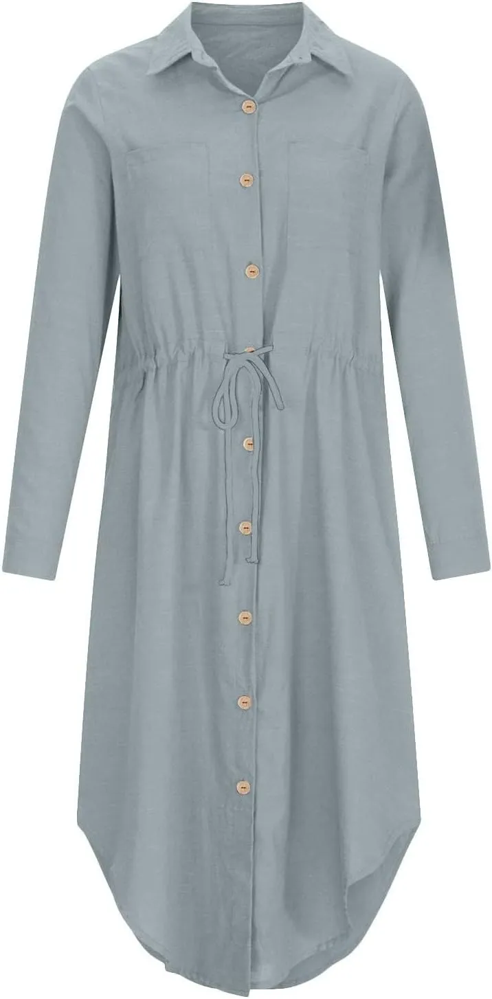 XOWRTE Linen Shirt Dresses for Women Down Drawstring Causal Dress Plain Long Maxi Dresses Trendy Casual Dresses
