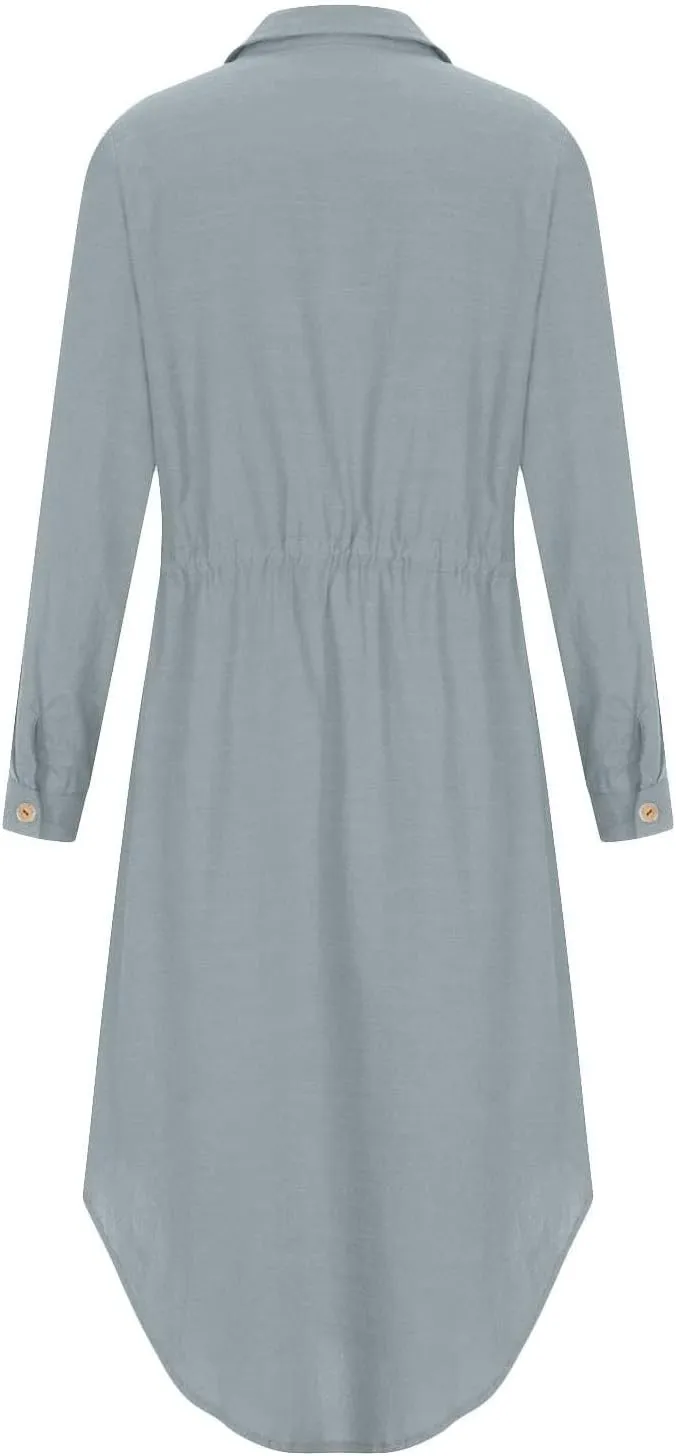 XOWRTE Linen Shirt Dresses for Women Down Drawstring Causal Dress Plain Long Maxi Dresses Trendy Casual Dresses
