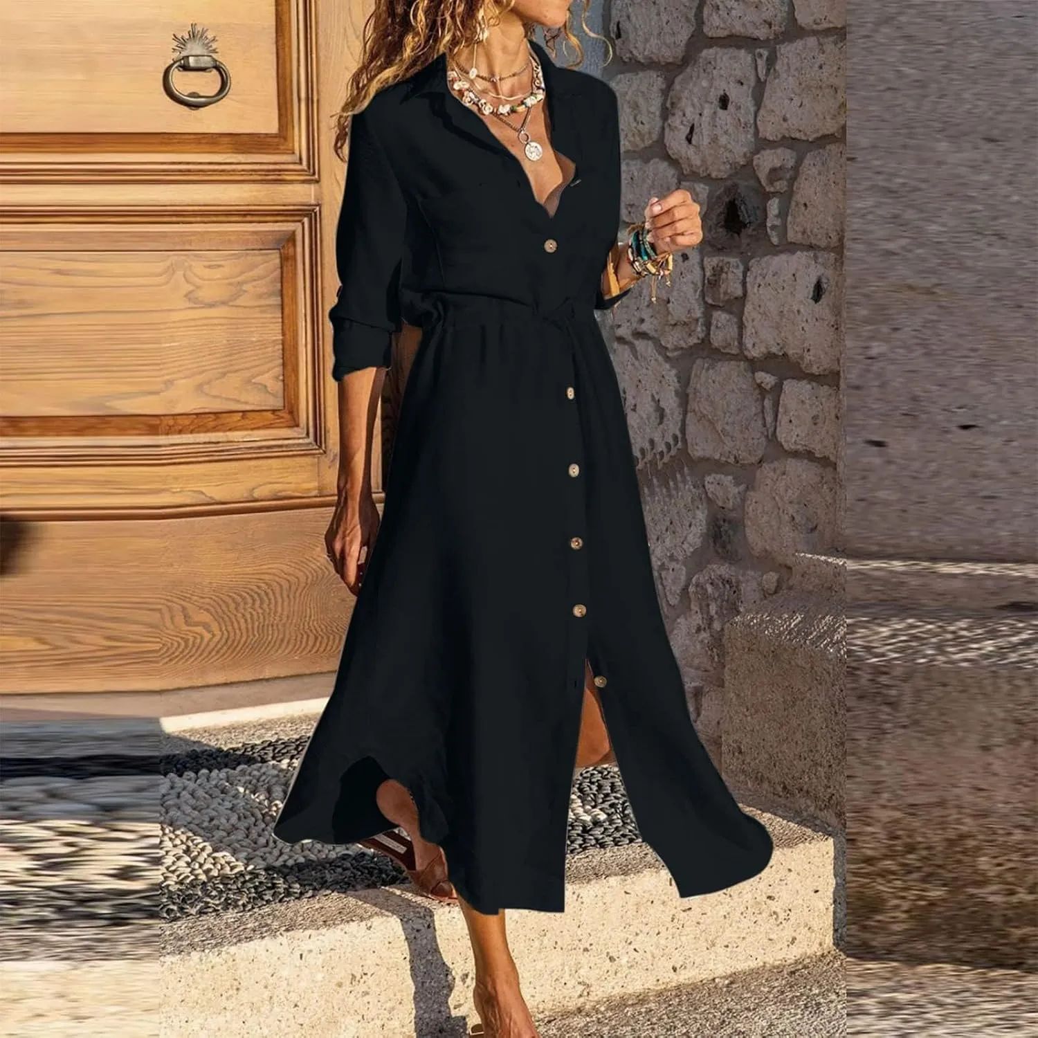 XOWRTE Linen Shirt Dresses for Women Down Drawstring Causal Dress Plain Long Maxi Dresses Trendy Casual Dresses