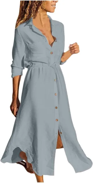 XOWRTE Linen Shirt Dresses for Women Down Drawstring Causal Dress Plain Long Maxi Dresses Trendy Casual Dresses