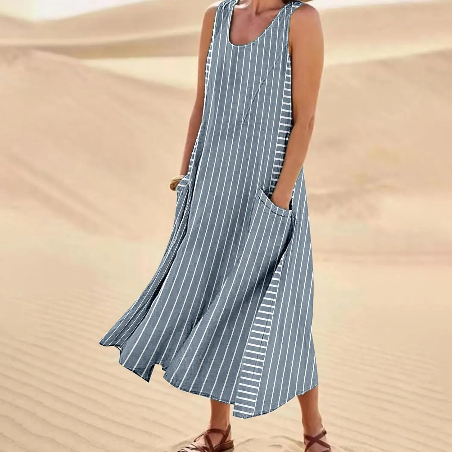 XOWRTE Women Tank Dress Summer Casual Sleeveless Cotton Linen Long Dress Plain Striped Loose Beach Sundress with Pockets