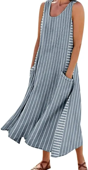 XOWRTE Women Tank Dress Summer Casual Sleeveless Cotton Linen Long Dress Plain Striped Loose Beach Sundress with Pockets