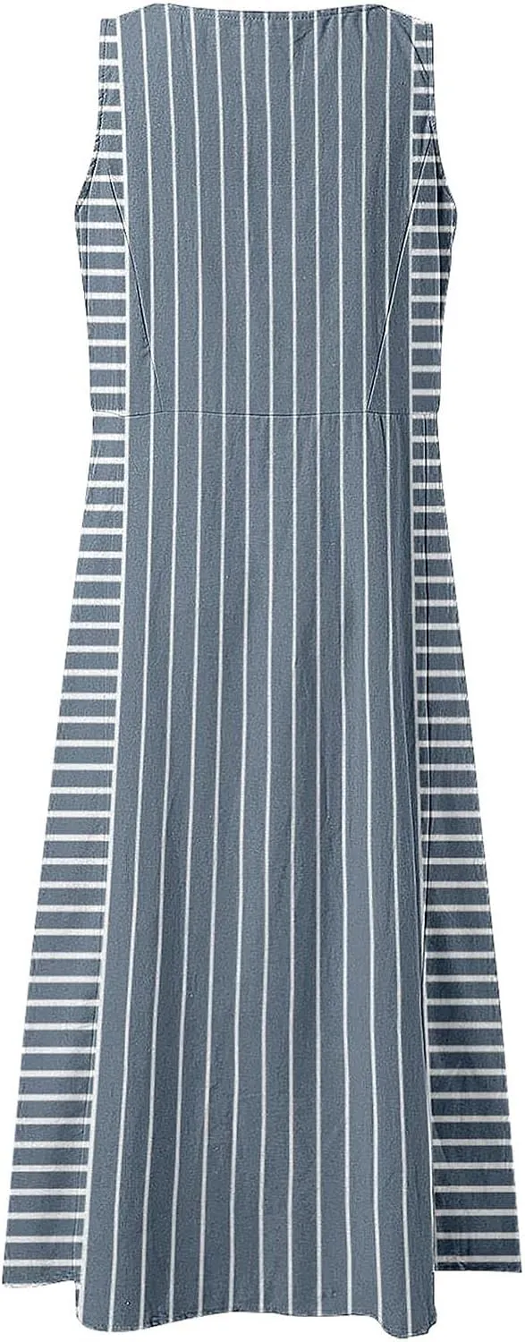 XOWRTE Women Tank Dress Summer Casual Sleeveless Cotton Linen Long Dress Plain Striped Loose Beach Sundress with Pockets