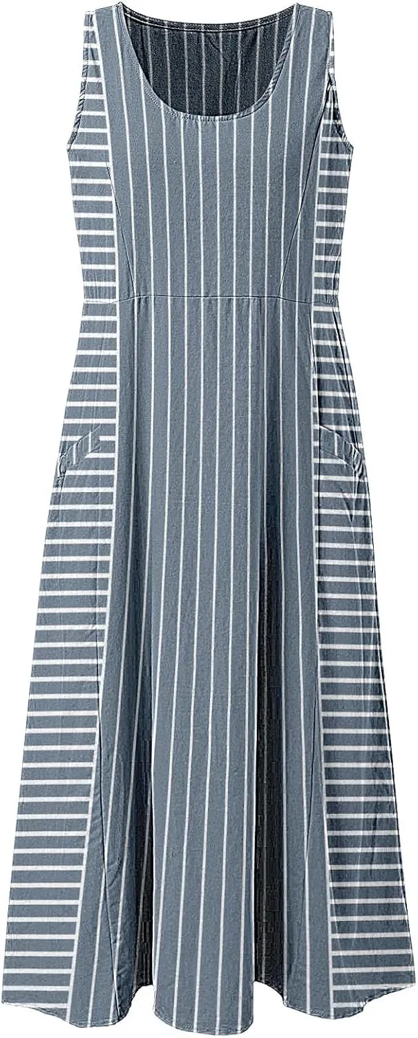 XOWRTE Women Tank Dress Summer Casual Sleeveless Cotton Linen Long Dress Plain Striped Loose Beach Sundress with Pockets