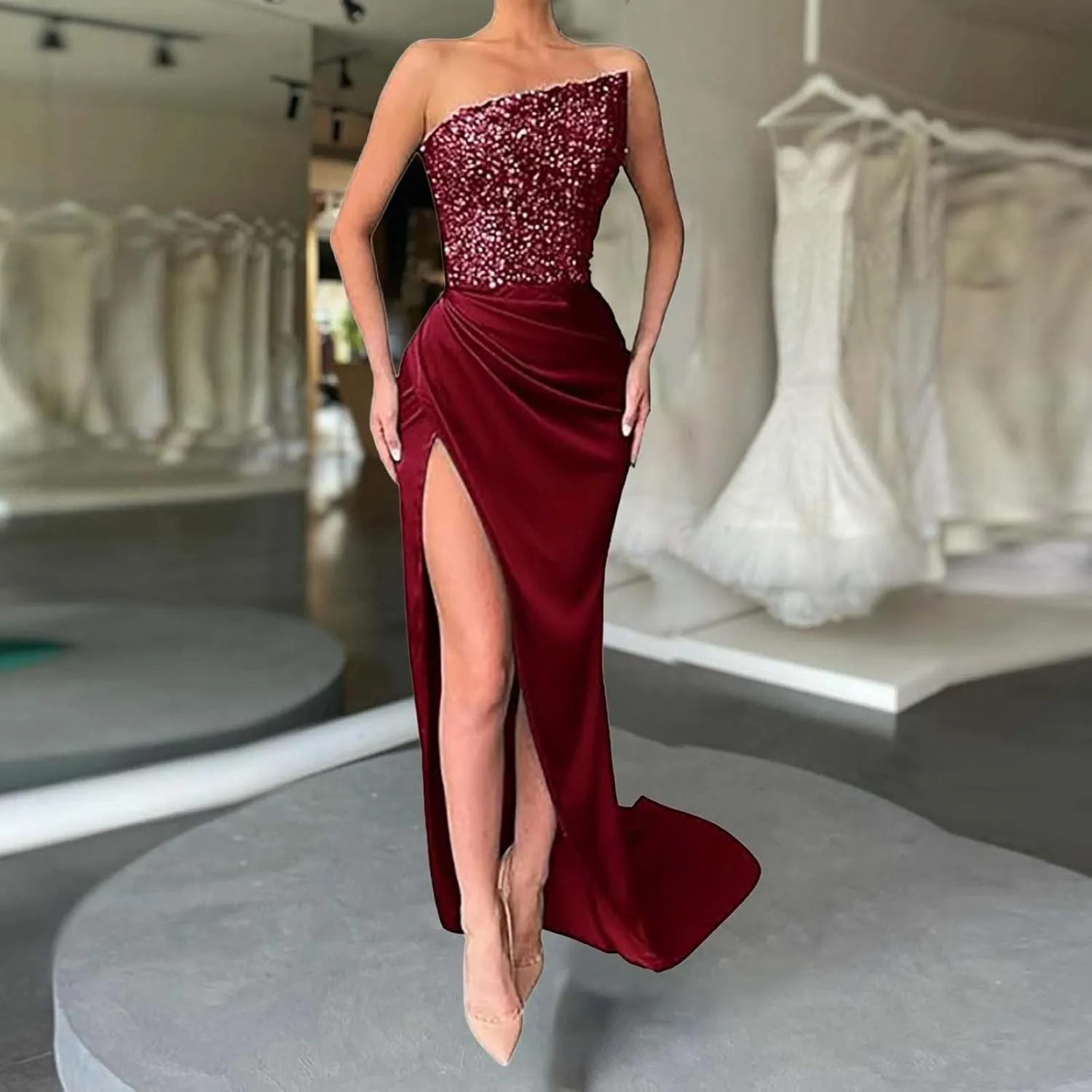XOWRTE Women's Evening Dress Sexy One Shoulder Bodycon Sequin Gowns Sleeveless Cocktail Prom Club Party Maxi Dresses
