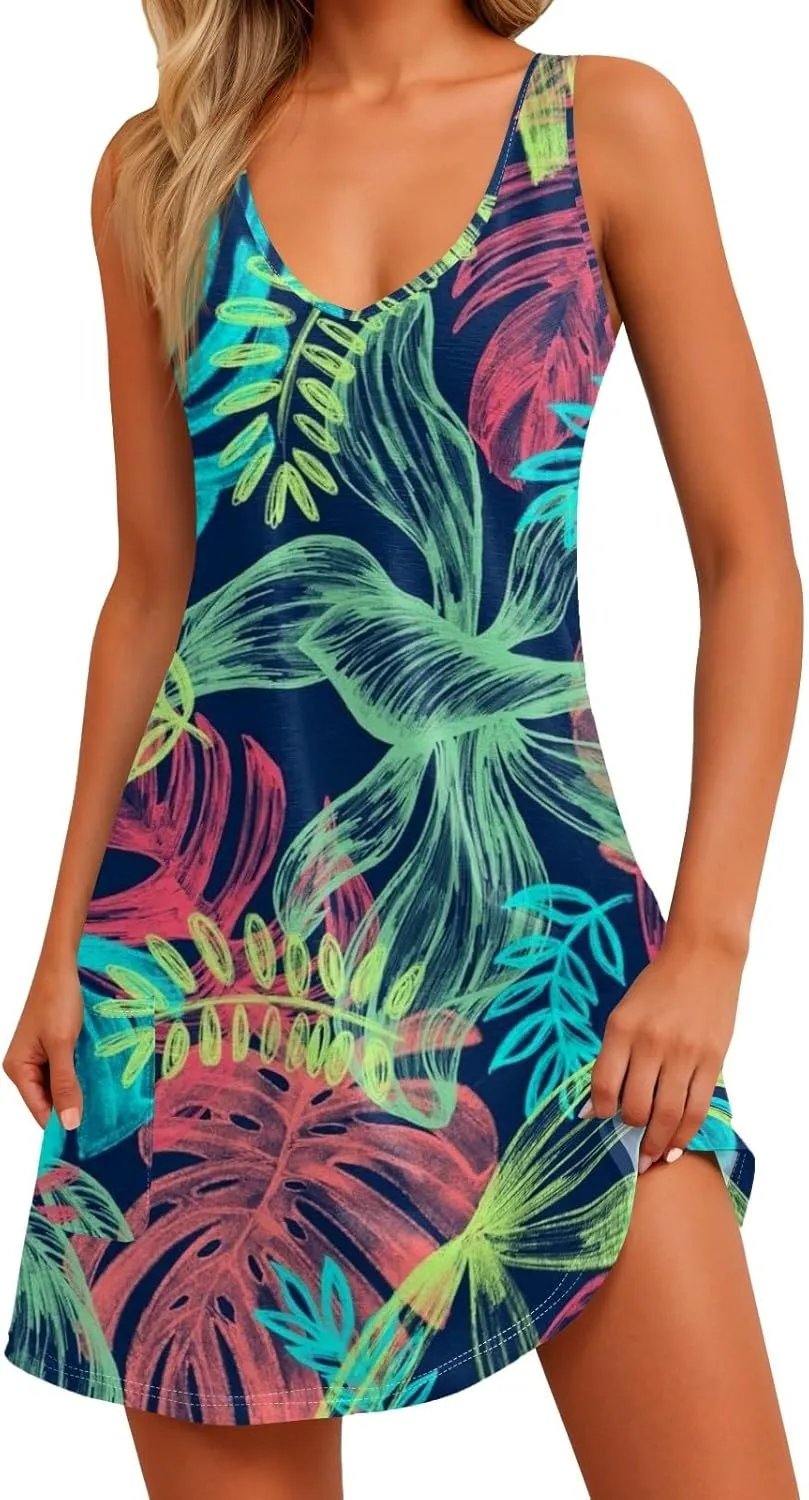 Y2k Clothes,Summer Dresses for Women 2024 with Pockets Trendy Vacation Sundresses Casual Beach Dresses Cover Ups Elegant Floral Boho Printed Mini Tank Dress Hawaiian Dress People Free(Bf-Sky Blue,XL)