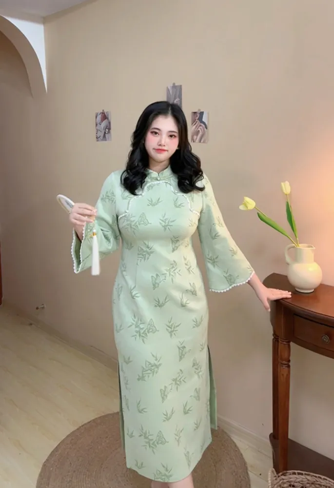 Ye Ruo 叶若 Fresh Bamboo Shoots 1920s Inspired Plus Size Scallop Sleeve Qipao