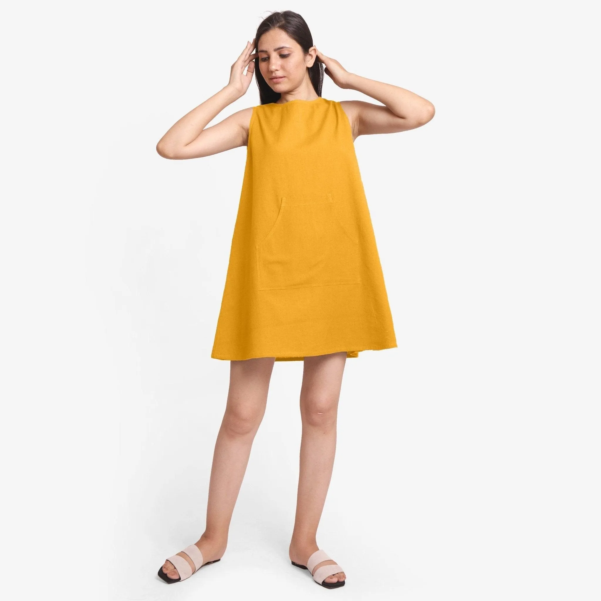 Yellow Cotton Flax A-Line Sleeveless Mini Dress