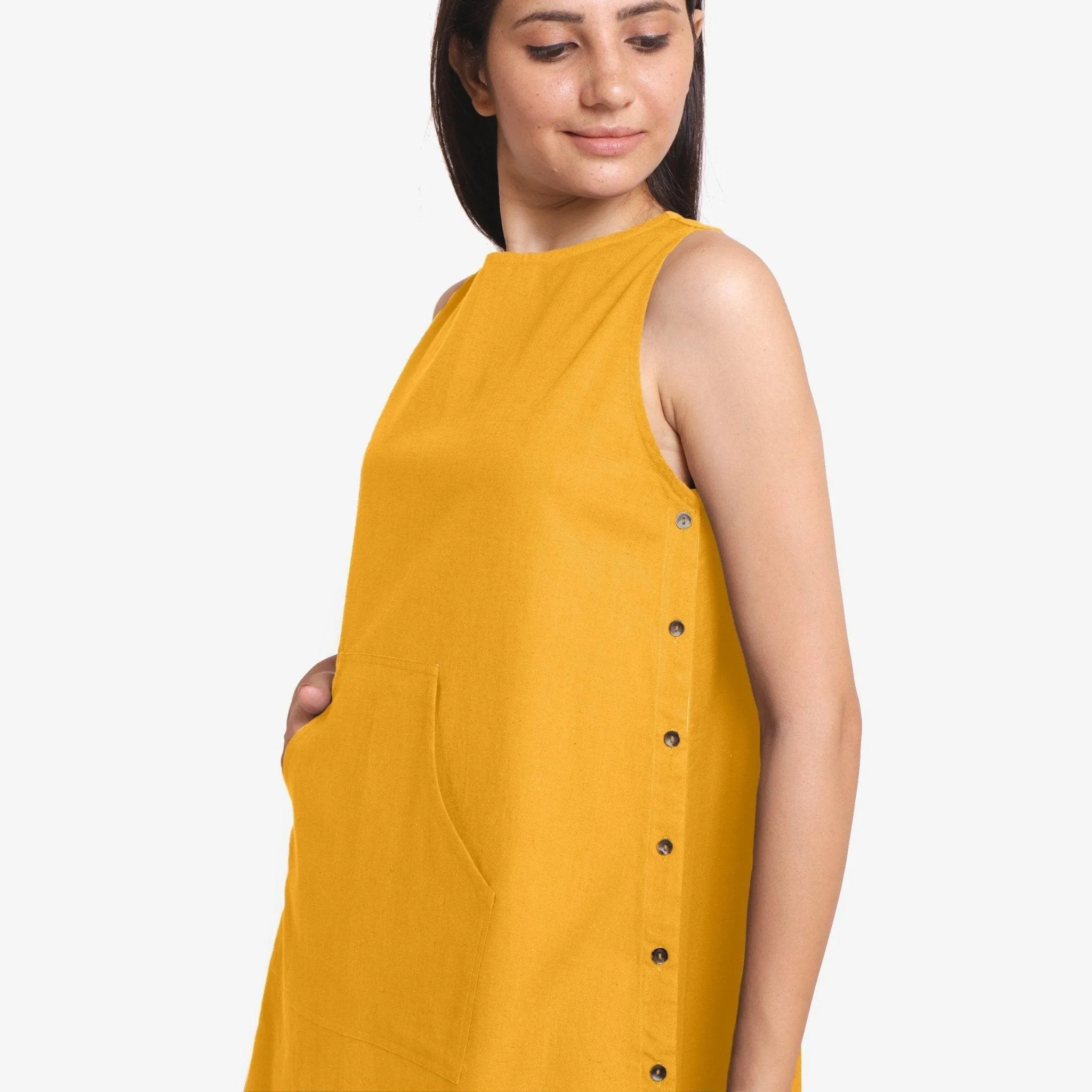 Yellow Cotton Flax A-Line Sleeveless Mini Dress