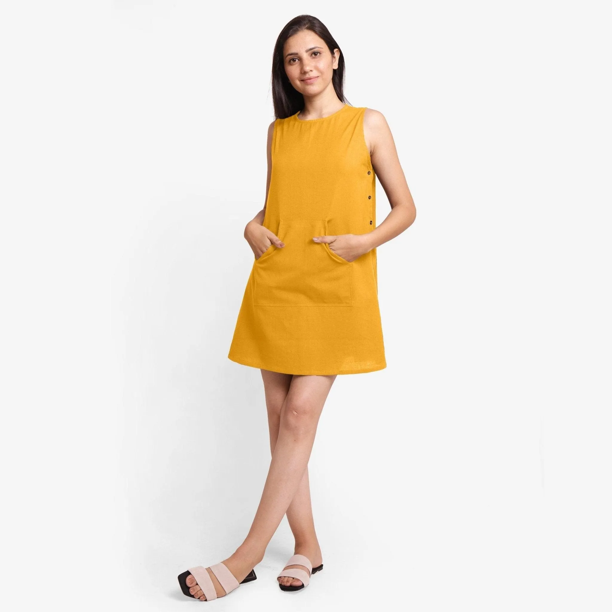 Yellow Cotton Flax A-Line Sleeveless Mini Dress