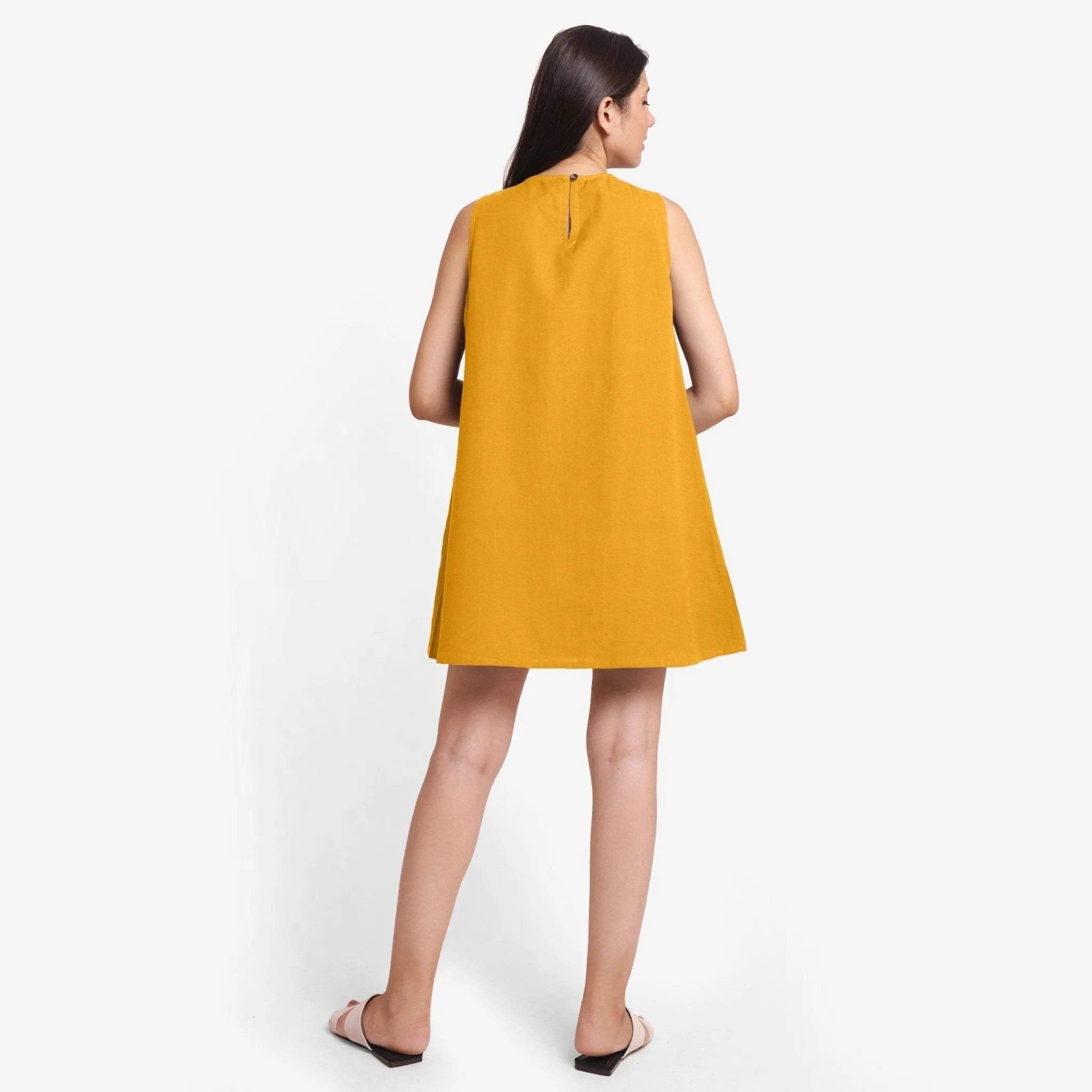 Yellow Cotton Flax A-Line Sleeveless Mini Dress