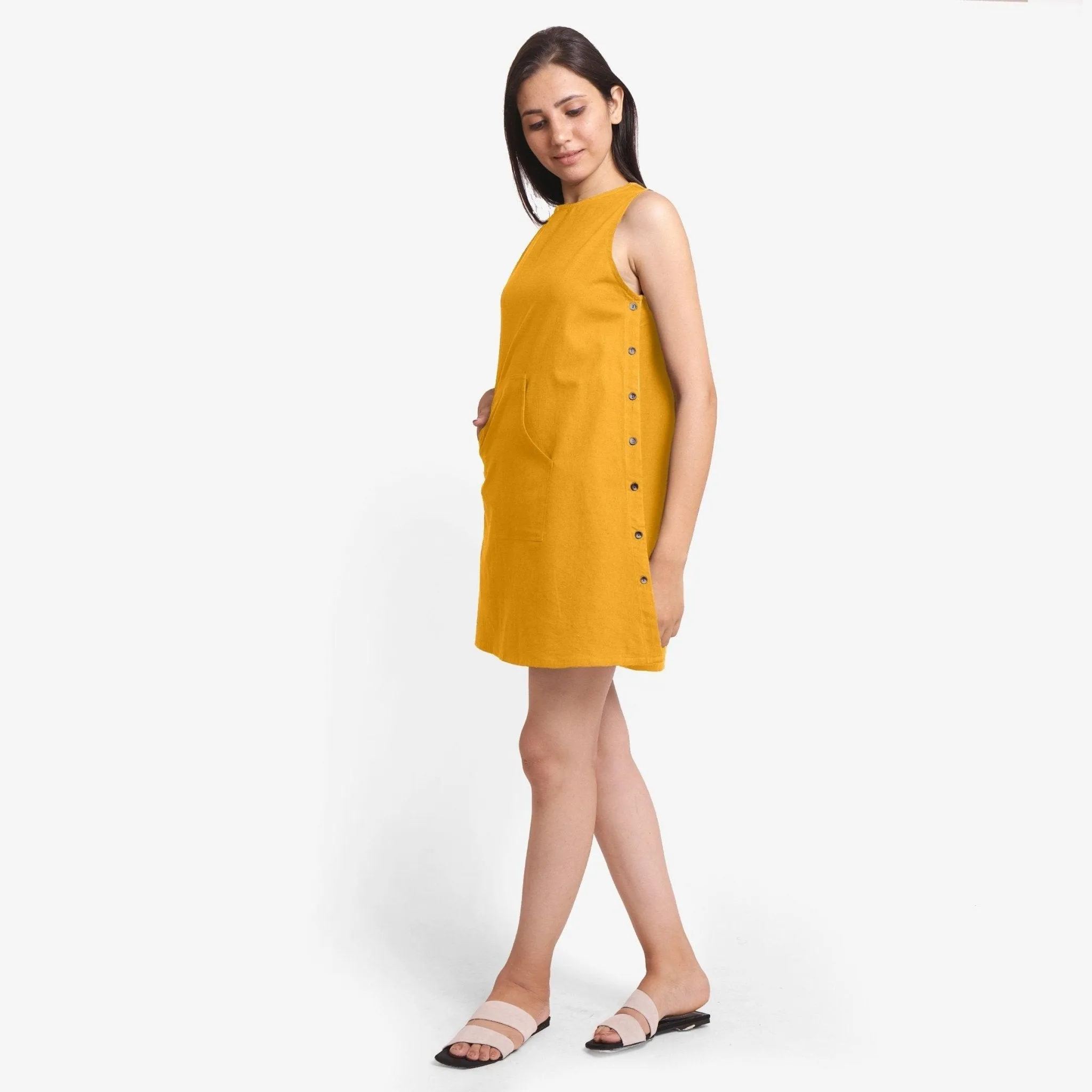 Yellow Cotton Flax A-Line Sleeveless Mini Dress