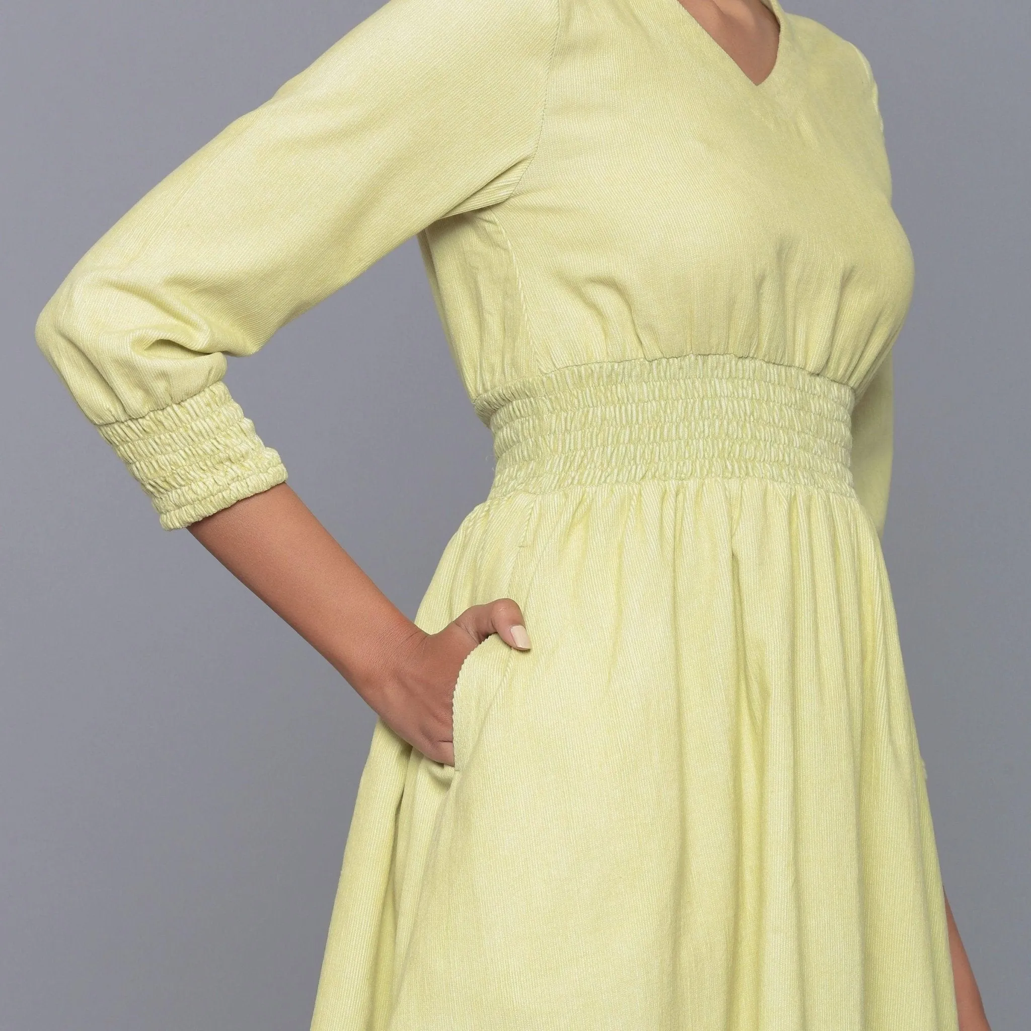Yellow Pistachio Warm Cotton Corduroy Short Dress