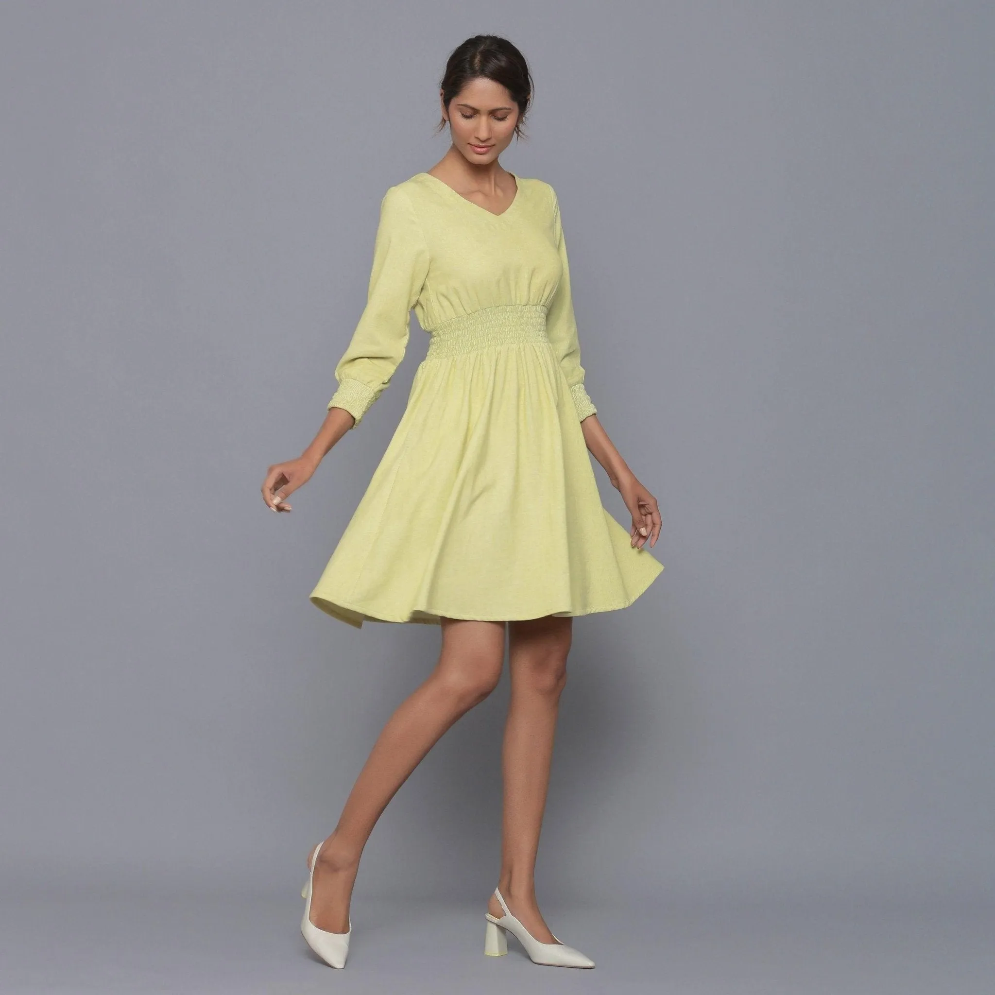 Yellow Pistachio Warm Cotton Corduroy Short Dress
