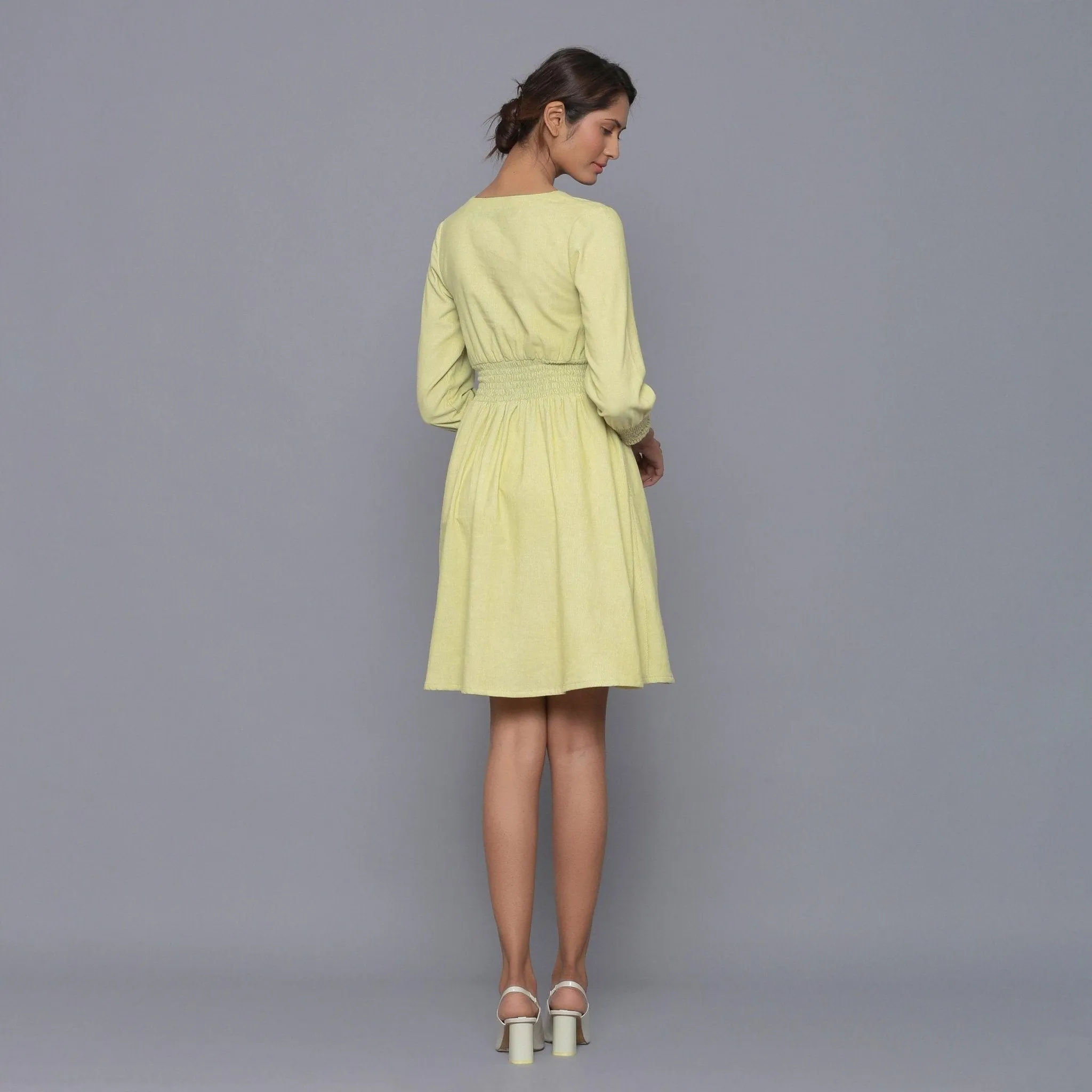 Yellow Pistachio Warm Cotton Corduroy Short Dress