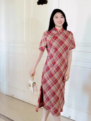 Ying Su 罂粟 Poppy Vintage Inspired Plus Size Plaid Short Sleeve Qipao
