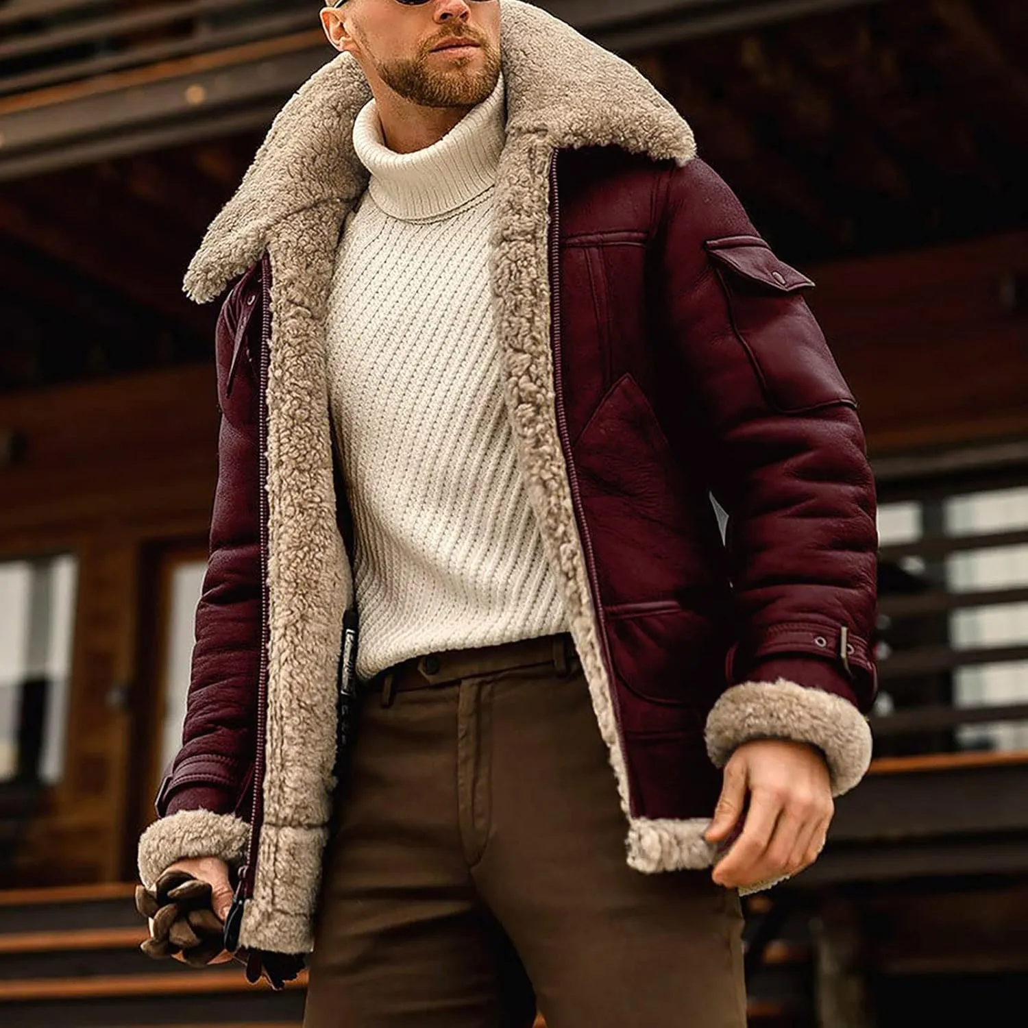 Ymosrh Men's Trench Coat Sherpa Lined Overcoat Lapel Long Jacket Coat Outwear, M-5XL