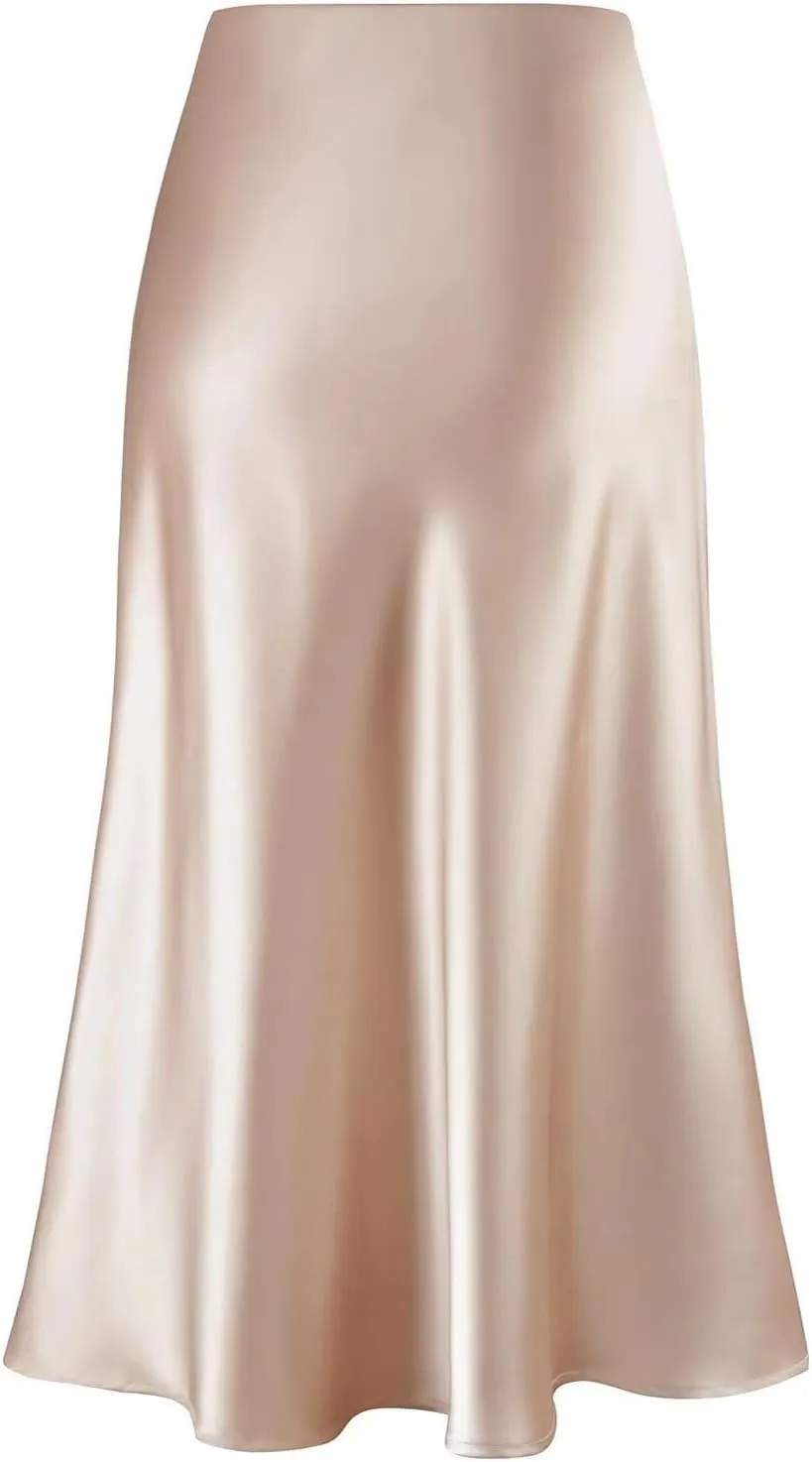 yoeasy Women's Satin High Waisted Solid Midi Skirt High Waisted A Line Solid Elastic Skirt